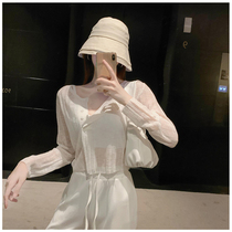 Sunscreen womens long sleeve thin white perspective jacket 2020 Summer new short style outside with ice silk knitted cardigan