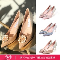 Spot Lucia Tacci designer autumn and winter new gradient shiny gree pearl ring high heels wedding shoes