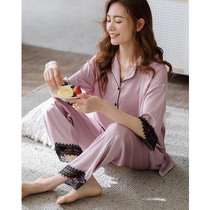 Sleepwear Womens Summer Ice Silk Short Sleeve Long Pants Thin 2021 New True Silk Home Suits Spring Autumn Lace Suit