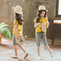 2019 summer Korean version of the girl short sleeve pants set lattice pants in the pants set tide children Foreign style set