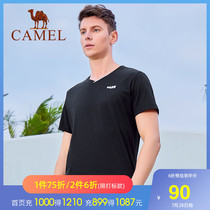 Camel mens solid color short-sleeved T-shirt mens Korean version of the fashion V-neck base shirt T-shirt tide