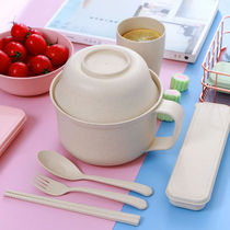 Wheat Bubble Noodle Bowl with cover Suit Dormitory home Large Number of bowls Chopsticks Students Office Instant Noodles Carry Lunch Box Bowls