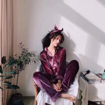 Purple velvet pajamas men gold velvet couple pajamas women send hair belt long sleeve thin autumn and winter home clothing Net Red