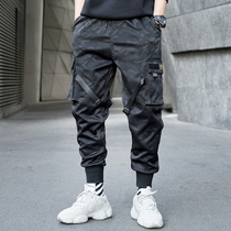 ins tide brand overalls Mens leg tie Yu Wenle Hong Kong style loose Harem pants Mens casual pants Paratrooper functional pants