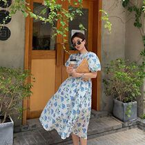 Dahua Yuan dhy French retro puff sleeve round neck Xia Xian thin backless hollow heart machine floral dress children