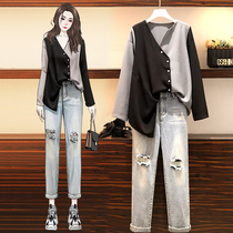  Big woman high-end plus size womens clothing 2020 autumn new fat mm western style thin meat jeans two-piece suit