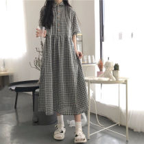 Summer loose Lean Student Cute Teenage Girl Long Skirt Little Fresher Day Tie Doll Dress Plaid Polo Dress