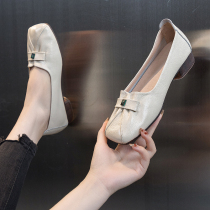 Genuine leather single shoes female summer models 2022 new summer low heel square head shallow soft bottom soft face One foot pedal Grandmothers shoes