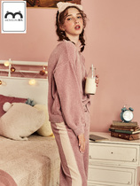 Mousse Snownier sleepwear woman long sleeve suit Autumn winter set head thickened wool wire can be worn outside home for two sets