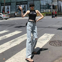 Ripped jeans womens spring and summer 2021 new straight tube high waist loose thin wide leg pants casual versatile mop pants