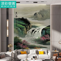 Majestic landscape waterfall wallpaper vertical villa empty sofa background Wall Wall cloth light luxury Chinese porch