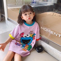 Girls long short sleeve T-shirt skirt summer 2021 Korean childrens baby Net red loose cotton cartoon top