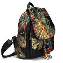 Womens bag 2021 new backpack Yunnan ethnic style embroidery peacock embroidery bag canvas womens college backpack