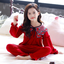 Girls pajamas Spring and Autumn cotton long-sleeved childrens girl baby princess 12 middle and large children 15 years old home clothes set