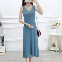 Spring and summer knitted dress Korean version of temperament thin super fairy son knee long skirt waist Ice Silk suspender skirt