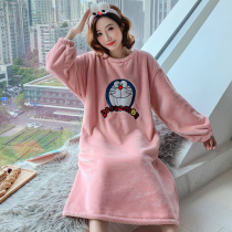 Coral velvet pajamas Womens autumn and winter flannel dress womens spring and autumn star night dress thickened medium-long home clothes