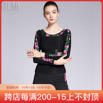 Spring and Autumn New Dance Top Female Adult Slim Long Sleeve Fashion Sequins Black Print Round Neck Latin Dance