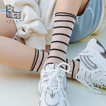 Begging dispensers Summer thin pile socks Sox womens day Department fine striped transparent fiberglass South Korean crystal silk midbarrel socks