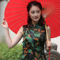 Autumn water ballad Original (water-proof piano sound) heavy satin silk fragrant cloud yarn sleeveless long modified cheongsam can be worn daily