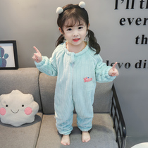 Childrens conjoined pajamas autumn and winter thickened girls coral velvet home clothing baby girl winter flannel sleeping bag