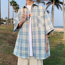 Hong Kong Tide Card Summer Plaid Shirt Male Port Wind Casual Short Sleeve Shirt Loose 100 Lapped Lazy Wind Trendy Thin