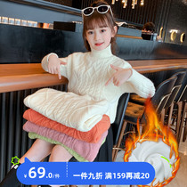 Girl High Collar Sweater Spring Autumn Clothing 2022 New Line Clothes Bottom Child Foreign Air Girl Plus Suede Thickened Needling Jersey