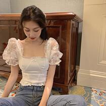  Design sense niche stitching lace short-sleeved T-shirt womens summer new slim western style all-match bottoming top trend