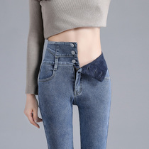 High waisted plus velvet jeans women autumn and winter 2021 New slim tight end belly belt velvet fever thick small foot pants