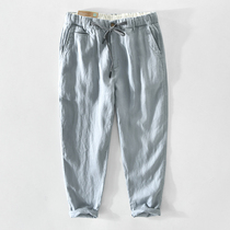 Mens pure linen casual pants summer New loose trend elastic waist lace pants cotton linen trousers breathable
