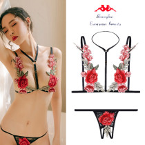 See-through sexy bra set coquettish passion hot hollow ultra-thin transparent rose embroidery handmade underwear