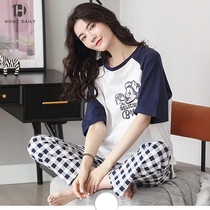 Sleepwear women Summer pure cotton short sleeves Long pants Korean version thin section Loose Plaid Spring Autumn Full Cotton Home Conserved Two Sets Summer