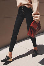 Spot double Slim retro mid-high waist breasted black jeans want to stock up