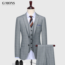 Wool suit suit Mens formal business professional groom wedding dress Gray plaid slim casual suit