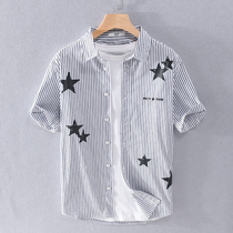 Summer mens striped short sleeve shirt star print casual outside wear inch shirt summer clothes mens shirt thin