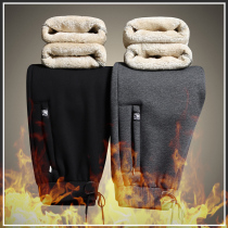 Mens casual trousers winter plus velvet warm outer wear cotton pants drawstring lace-up leg lamb velvet pants men