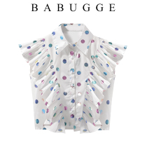 Lotus Leaf Side Short Sashimi Shirt Woman Printed Small Crowd Design Sensation Blouse 2020 Summer High Waist Dew