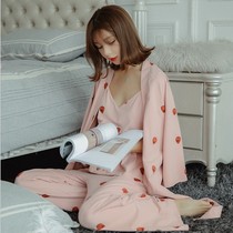 Sleepwear Woman Summer Three Sets Pure Cotton Adolescent Girl Cute Strawberry 90% Sleeve Harnesses Chest Cushion Spring Autumn Season Home Suits Suit