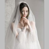 (Handcuff Head Yarn) Bride wedding high-end nail drill double-deck white wedding shielded arm long tug head yarn