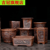 Ceramic pot super large bamboo handmade high grade purple sand flower pot shallow garden pot special retro potted Chinese breathable flower