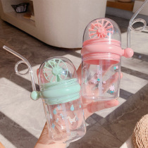 Net red whale water cup spray water straw cup windmill cup net red cute childrens plastic cup with scale anti-fall portable