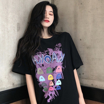 2022 Summer New Black T-Shirt Woman Short Sleeves Ins Foreign Air Loose Korean version of long style Fashion Printed Compassionate