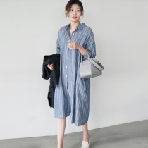 2021 New pregnant women dress autumn and winter fashion Korean version of loose pregnant women shirt slim striped jumpsuit