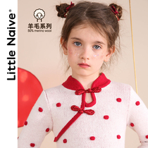 LittleNaive childrens clothing girls cheongsam skirt autumn winter wool thickened Chinese style polka dot knitted dress