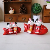 Nordic Countryside Wood Color Painted Fishing Couple Kitty Cat Living Room Shop Window Cabinet Shelf Decoration Pendulum presents