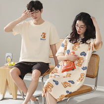 2 Sets Price Pure Cotton Lovers Sleepwear Summer New Lady Cartoon Cute Sleeping Dress Man Thin short sleeve Home Home Clothes