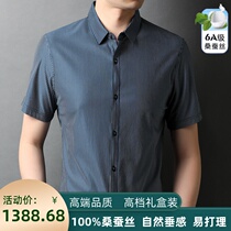 Ordos Prolific High Level Sensory Mulberry Silk Short Sleeve Shirt Male Middle-aged Business Free Hot Heavy Pound Genuine Silk Striped Lining Clothing