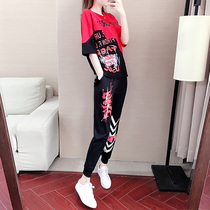 Hong Kong Tide Brand 2021 Summer Hip Hop Fashion Sports Leisure Set Womens Loose Short Sleeve T-Shirt Pants Two Piece Set