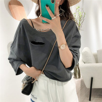 Beware of pure colored hole short sleeves t shirt women summer loose behind sweet design short coat