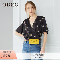 OBEG Au Bieqian Summer new V Pilot Fancy Shirt Woman Retro Style Clad-style bungered with small crowdblouse 1092020