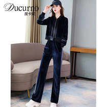 Ducurno2022 spring and autumn fashion casual gold velvet suit woman big code fragrant wind to be thin and big code two sets of women